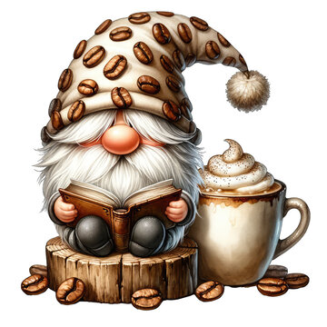 Delight in the Whimsical World of a Coffee-Loving Gnome An Enchanting Image Featuring a Miniature Gnome, Adorned with a Coffee Bean Hat, Contentedly Reading a Book Upon a Wooden Stump, Accompanied by