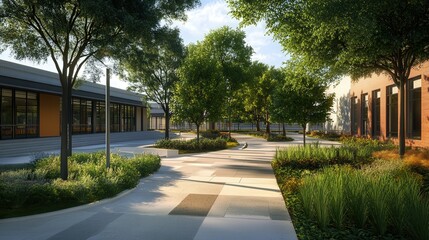 Obraz premium school campus with rain trees planted strategically for shade and beauty.