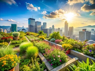 Fototapeta premium Rooftop Urban Garden Cityscape View: Flourishing Plants Overlooking Modern Buildings & Mountains