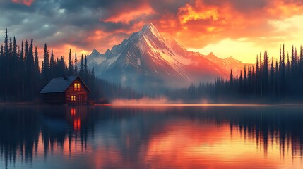 Cabin lake sunset mountain reflection.