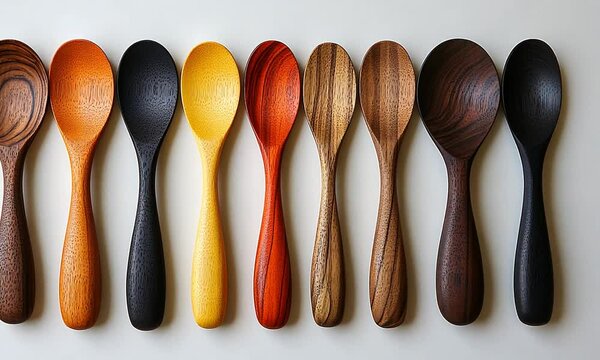 A vibrant display of wooden spoons in various colors and finishes arranged neatly on a white background