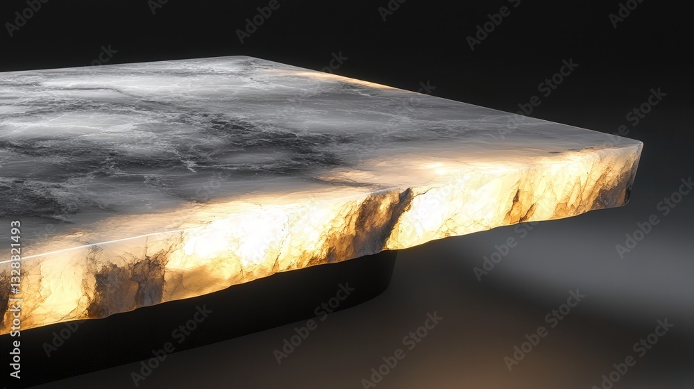 Poster semi-translucent quartz marble top with glowing edges, illuminated by gentle diffused light casting 