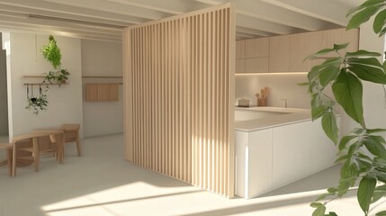 kitchen with smooth white counters and a folding screen near a white wall.