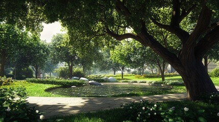 majestic rain tree, with wide branches creating a canopy of shade and vibrant green leaves rustling in the breeze