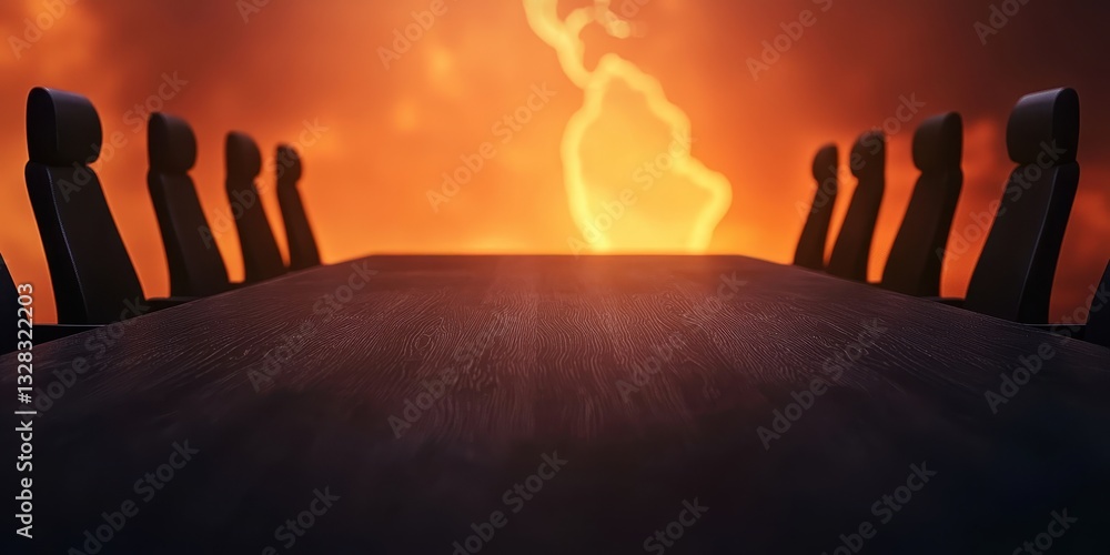 Poster a dramatic scene featuring a long table with chairs against a fiery sunset backdrop, suggesting a me