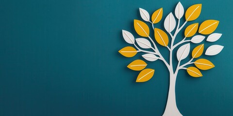 A stylized tree design with yellow and white leaves against a teal background, symbolizing growth and nature.