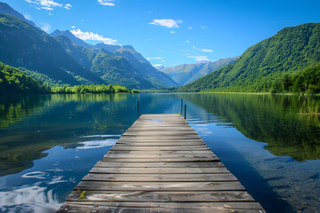 Serene Lake with Wooden Pier and Majestic Mountain Reflections Under Clear Blue Sky