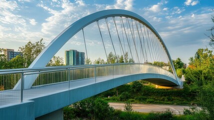 Obraz premium minimalist bridge with curved lines and steel cables, blending with the surrounding urban environment and providing a scenic view of the city