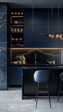 Navy blue kitchen elegant modern interior dark cabinetry marble countertops warm lighting luxury home design contemporary sophisticated stylish culinary space premium finishes cozy atmosphere chic