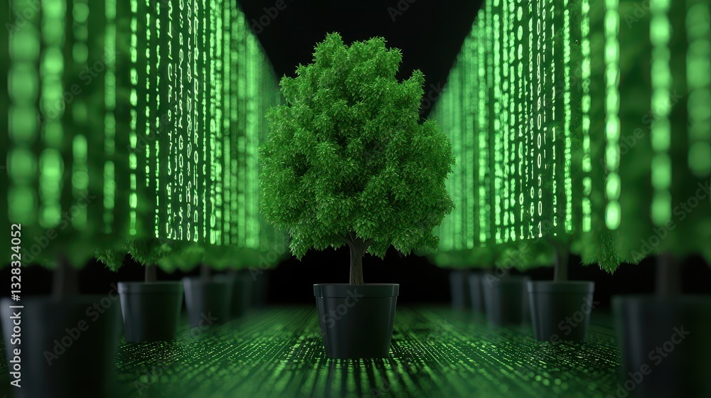 Aufkleber A digital tree stands among green binary code, symbolizing the intersection of nature and technology.