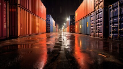 Fototapeta premium Rain-slicked cargo terminal at night