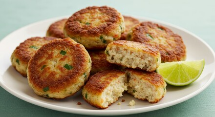 Fototapeta premium Delicious Crispy Fried Fish Cakes with Lime Close Up Food Photography