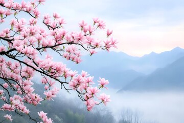 Obraz premium Magnolia flowers blooming in spring over misty mountains