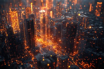 Futuristic city glowing with orange lines, depicting digital infrastructure. Ideal for tech, innovation, and smart city concepts.