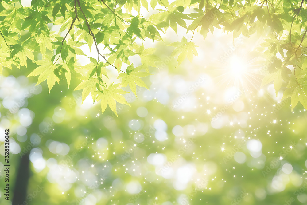 Poster serene spring sunlight filters through vibrant green maple leaves, creating a magical, bokeh-filled 