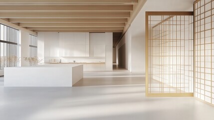 Fototapeta premium spacious kitchen with white counters and a folding screen beside a white wall.