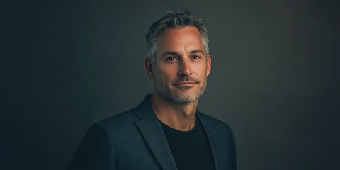 Obraz premium Confident Man in a Dark Suit Against a Subtle Background: A Portrait of Modern Masculinity