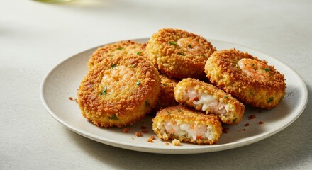 Fototapeta premium Crispy Breaded Shrimp Cakes Appetizer Food Platter Closeup