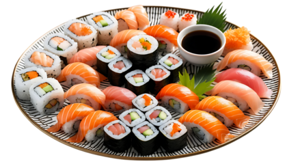  Vibrant Platter of Sushi Rolls and Nigiri Served on a Decorative Plate png