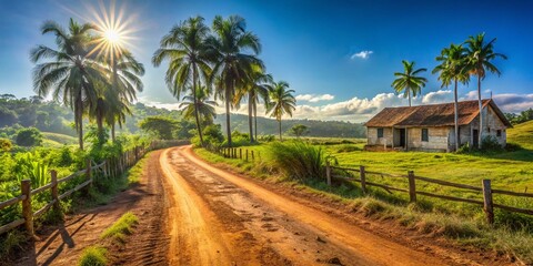 Obraz premium Rustic Cuban Countryside: Dirt Road Leading Through Lush Farmland