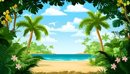 Fototapeta premium Idyllic tropical beach scene framed by lush foliage, palm trees, and vibrant flowers; clear turquoise water under a sunny sky. Perfect for travel, vacation, or summer themes.