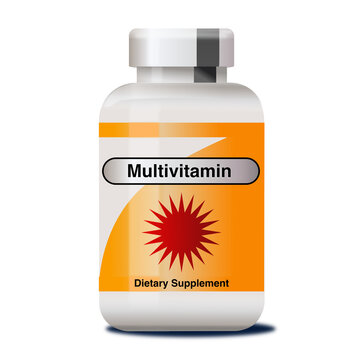 Illustration of isolated generic multivitamin dietary nutritional supplement bottle.