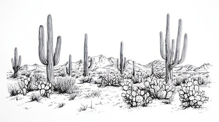Desert landscape with saguaro cacti.  Monochrome ink drawing. Stock photo for nature, wilderness, or travel
