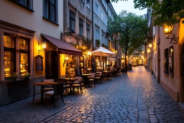 Obraz premium Cobblestone street with outdoor cafes illuminating the romantic evening in Vienna, Austria