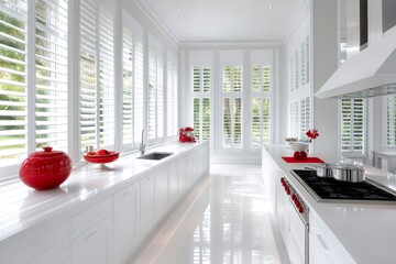 Modern white kitchen with open plantation shutters illuminating cooking space