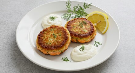 Delicious Crispy Salmon Patties with Dill Creamy Sauce and Lemon Garnish