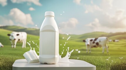 101.A 3D illustration showcasing a plastic bottle and carton milk pack on a sleek podium with dynamic milk splashes and cow silhouettes in the background. The rural scenery conveys a natural,