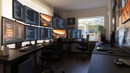 Fototapeta premium tech-focused home office environment where an IT developer uses multiple screens to work on coding updates.