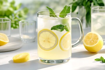 Fototapeta premium Refreshing lemonade with ice and mint in a glass mug