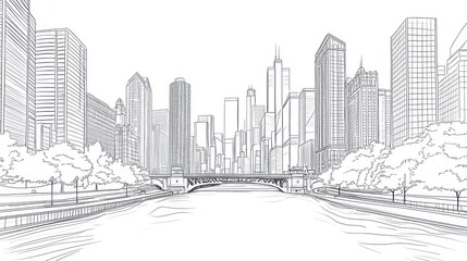 Architectural Drawing of a Cityscape with River and Bridge