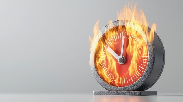 A clock engulfed in flames, symbolizing urgency or time running out.