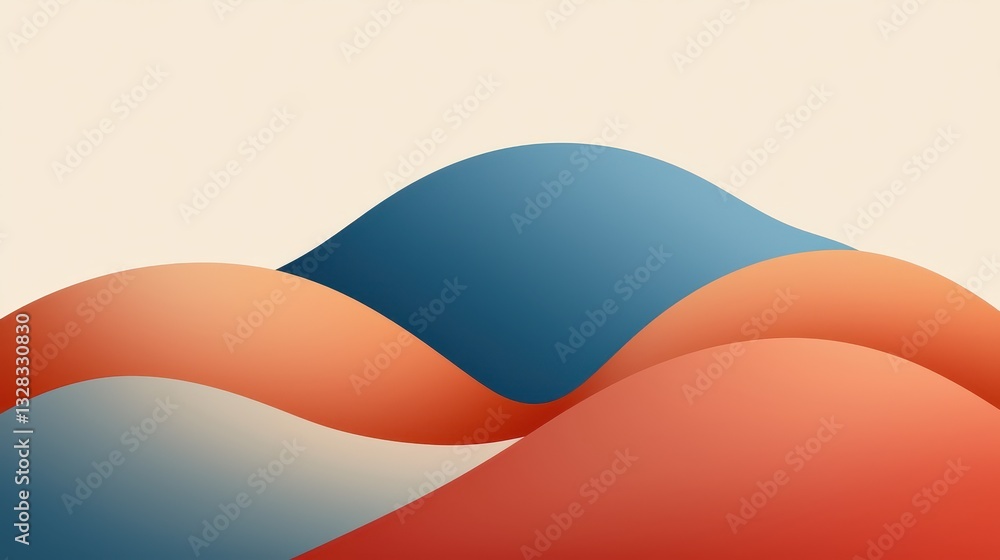Poster a stylized image of rolling hills in soft pastel colors, blending shades of blue, orange, and cream,