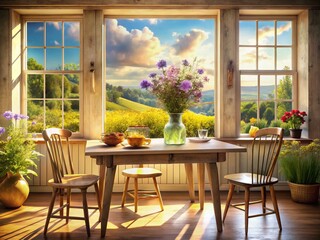 Rustic Kitchen Table with Flowers, Countryside Landscape View, Farmhouse Decor, Stock Photo