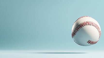 Baseball in air, floating. White ball with red stitching. Light blue background