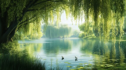 spring lake surrounded by weeping willows, where the gentle breeze ripples the surface and birds rest on the shores