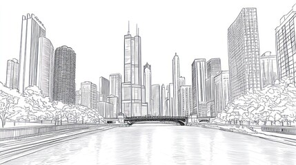 Fototapeta premium Chicago Skyline Line Drawing, Cityscape, River, Trees