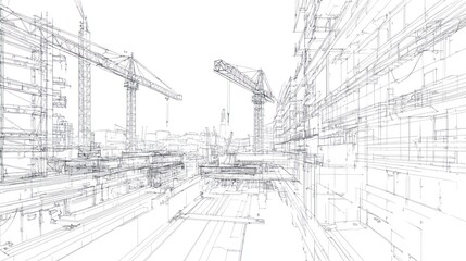 Fototapeta premium Architectural blueprints of construction site with cranes