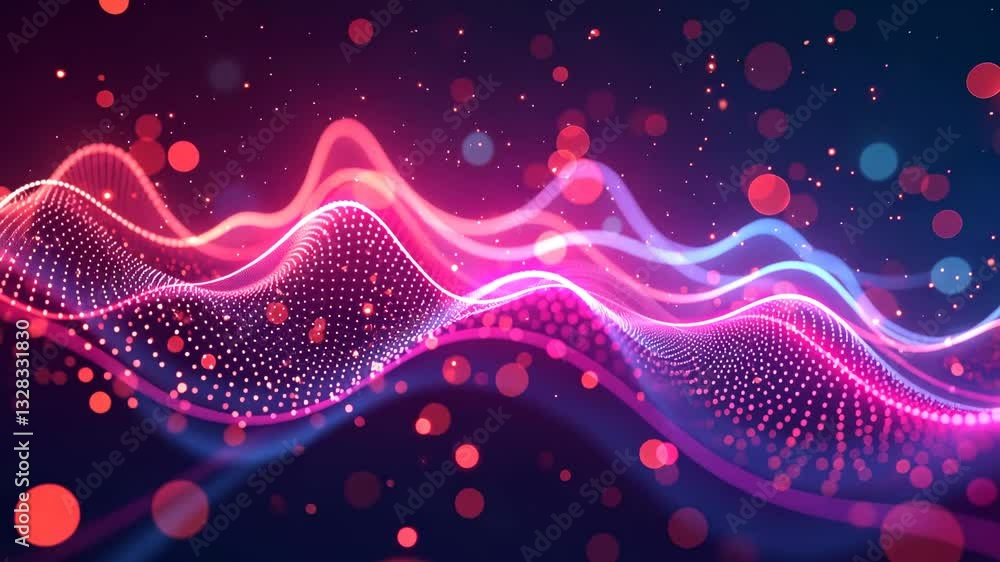 Poster a purple and blue wave with red dots. the wave is very long. the dots are scattered all over the wav