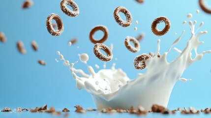 71.A playful 3D scene showcasing milk splashing with multiple chocolate flake rings falling from above. The splashes are captured mid-air, with the cereal carton package clearly visible in the