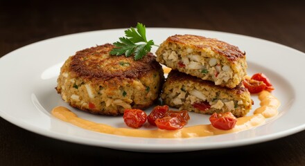 Delicious Crab Cakes with Creamy Sauce and Sun dried Tomatoes Gourmet Food Photography