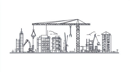 Obraz premium Cityscape under construction, cranes and machinery, urban development, illustration