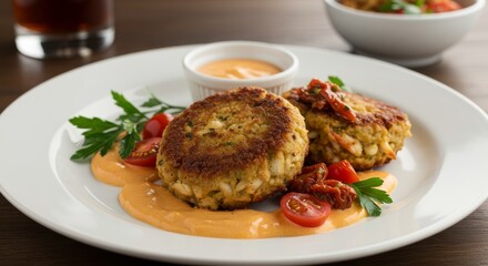 Delicious Crab Cakes with Creamy Sauce Sun Dried Tomatoes and Parsley Garnish