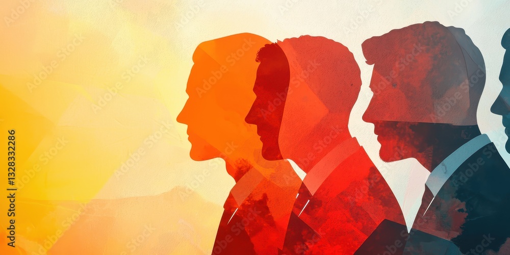Poster Abstract silhouettes of three individuals against a colorful background, symbolizing unity and collaboration in a professional setting.