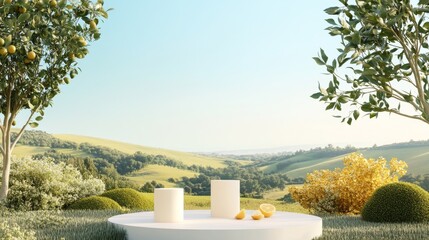 105.A professional product display on a podium set in an idyllic outdoor landscape, with a beautiful natural background of trees, hills, and a clear blue sky. The setting exudes a sense of calm and