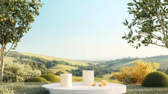 105.A professional product display on a podium set in an idyllic outdoor landscape, with a beautiful natural background of trees, hills, and a clear blue sky. The setting exudes a sense of calm and