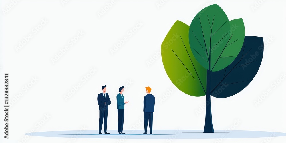 Poster three individuals converse under a large stylized green tree, emphasizing themes of nature and colla